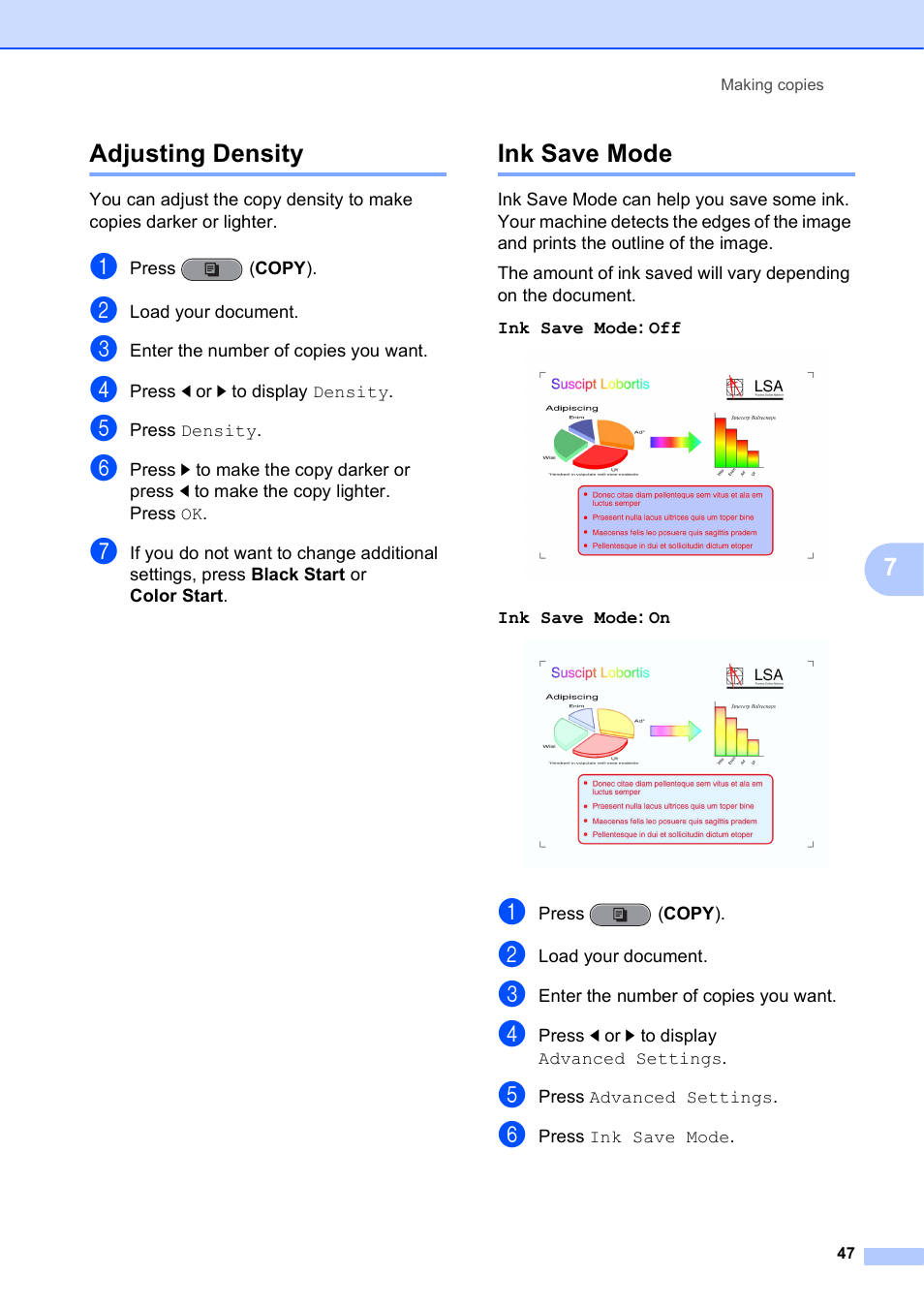 Adjusting density, Ink save mode, Adjusting density ink save mode | 7adjusting density | Brother MFC J6910DW User Manual | Page 53 / 91