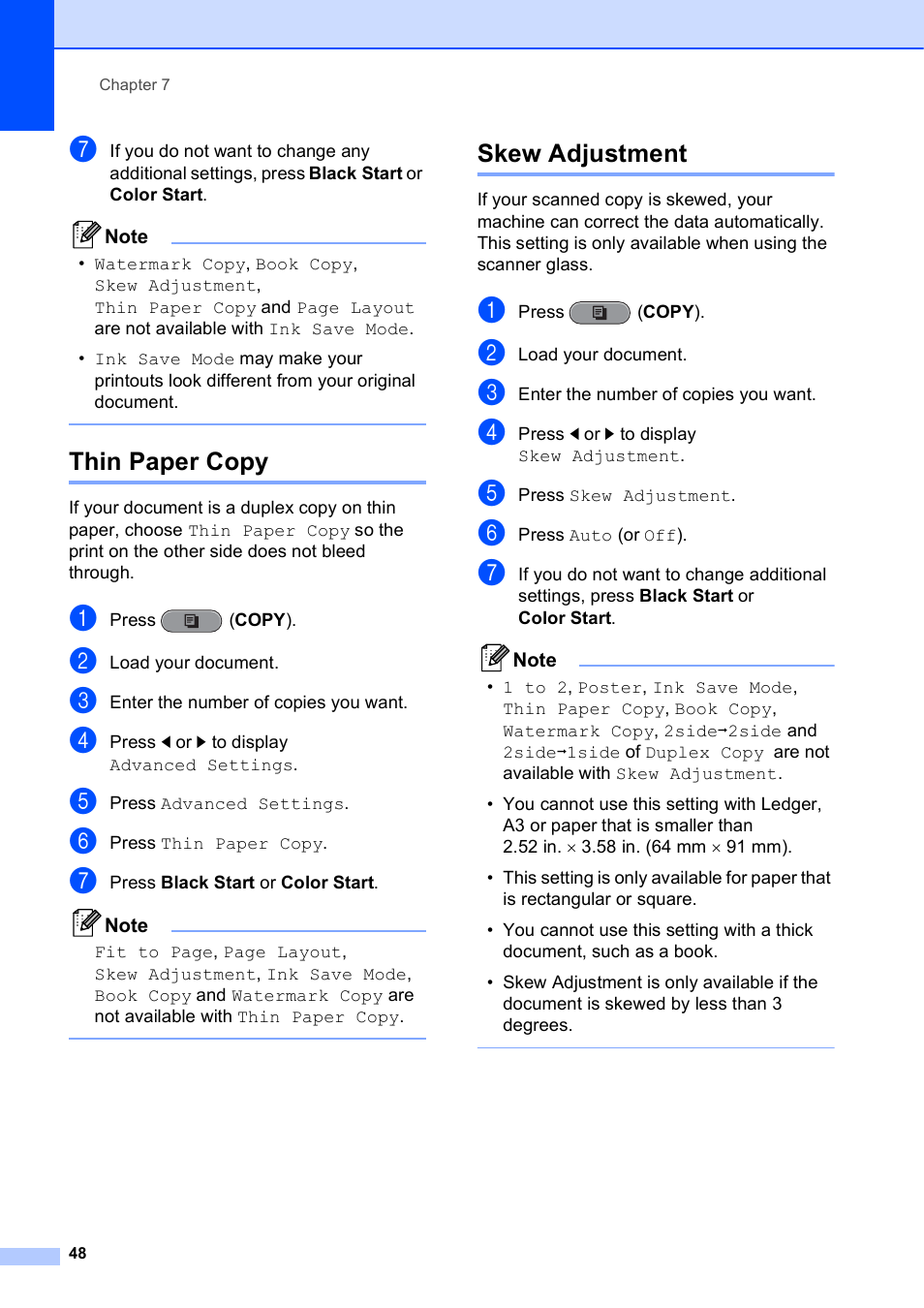 Thin paper copy, Skew adjustment, Thin paper copy skew adjustment | Brother MFC J6910DW User Manual | Page 54 / 91