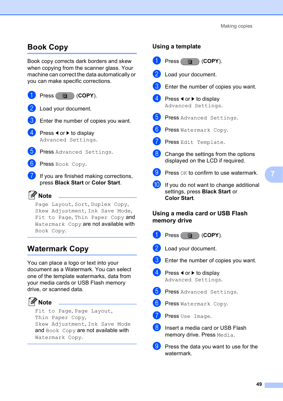 Book copy, Watermark copy, Using a template | Using a media card or usb flash memory drive, Book copy watermark copy, 7book copy | Brother MFC J6910DW User Manual | Page 55 / 91