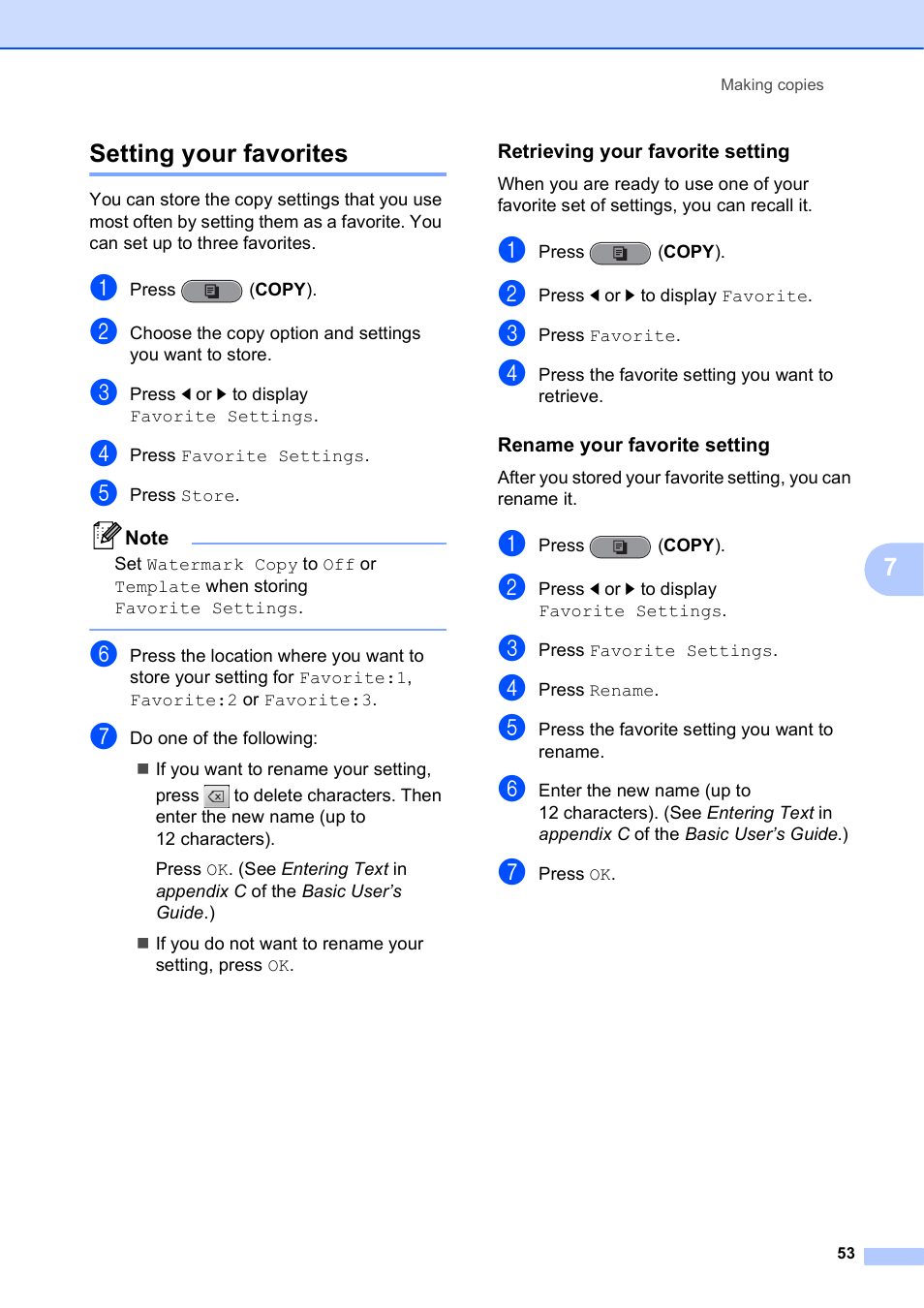 Setting your favorites, Retrieving your favorite setting, Rename your favorite setting | 7setting your favorites | Brother MFC J6910DW User Manual | Page 59 / 91