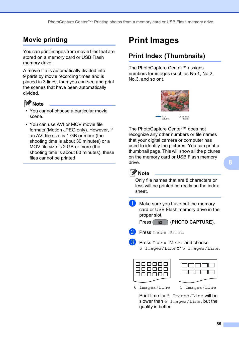 Movie printing, Print images, Print index (thumbnails) | 8movie printing | Brother MFC J6910DW User Manual | Page 61 / 91