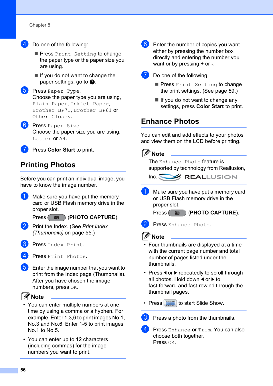 Printing photos, Enhance photos, Printing photos enhance photos | Brother MFC J6910DW User Manual | Page 62 / 91