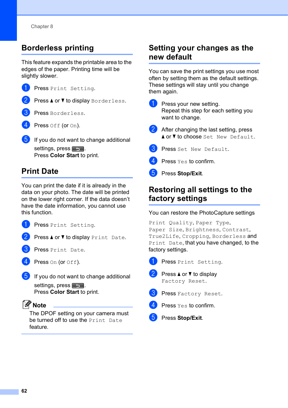 Borderless printing, Print date, Setting your changes as the new default | Restoring all settings to the factory settings | Brother MFC J6910DW User Manual | Page 68 / 91