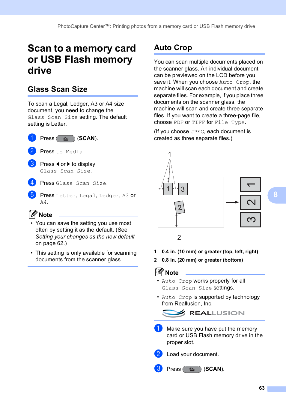 Scan to a memory card or usb flash memory drive, Glass scan size, Auto crop | Glass scan size auto crop | Brother MFC J6910DW User Manual | Page 69 / 91