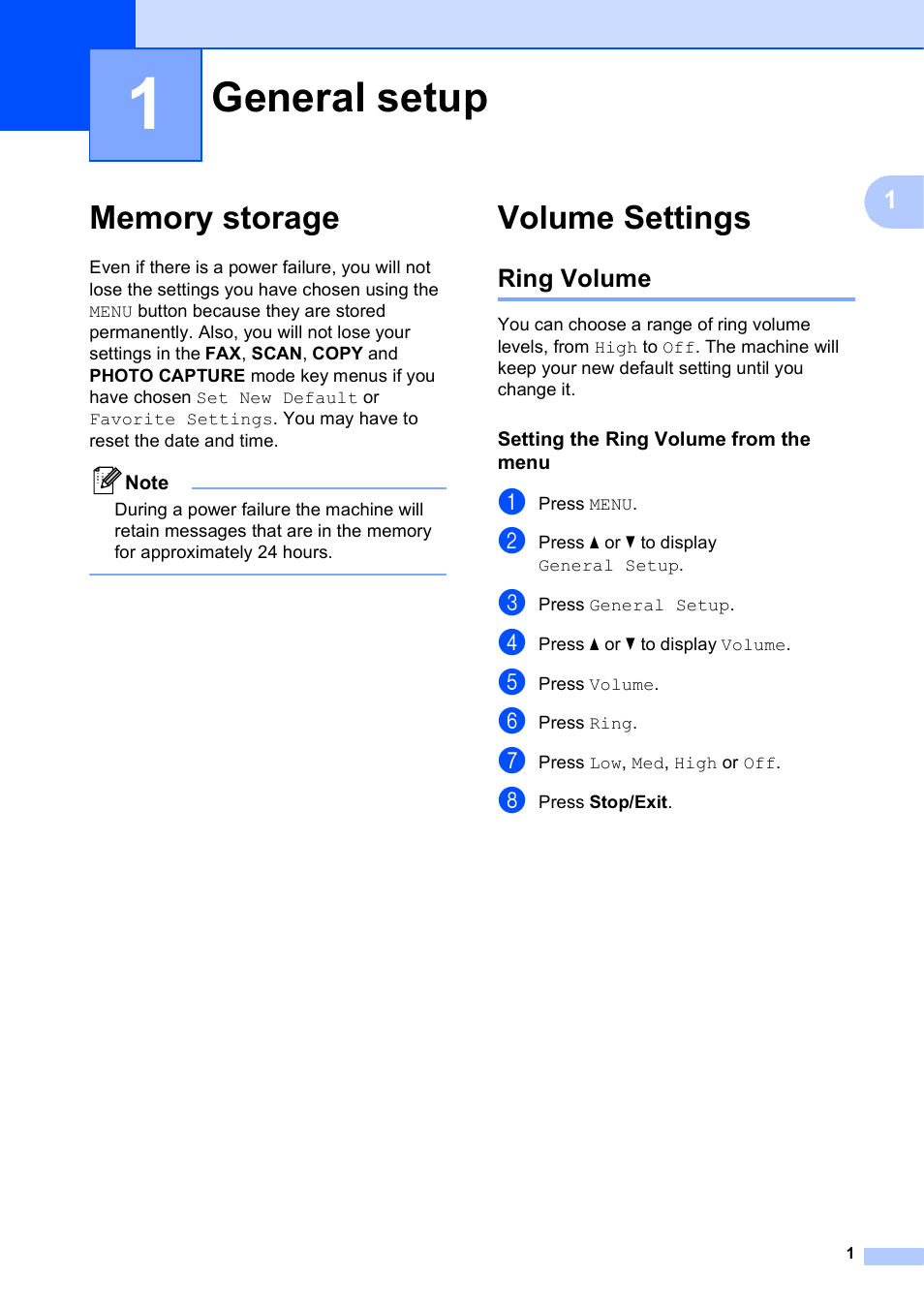 1 general setup, Memory storage, Volume settings | Ring volume, Setting the ring volume from the menu, General setup, Memory storage volume settings | Brother MFC J6910DW User Manual | Page 7 / 91