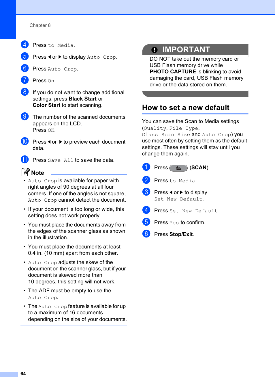 How to set a new default, Important | Brother MFC J6910DW User Manual | Page 70 / 91