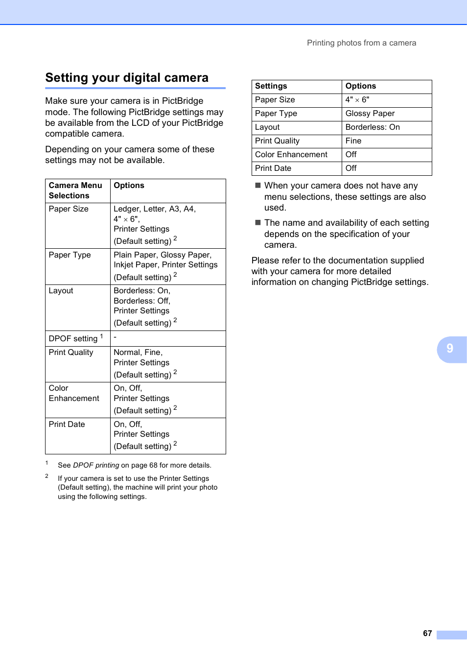 Setting your digital camera, 9setting your digital camera | Brother MFC J6910DW User Manual | Page 73 / 91