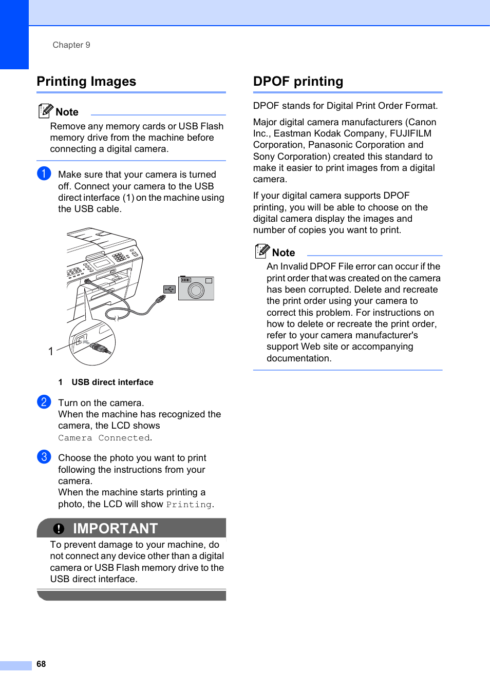 Printing images, Dpof printing, Printing images dpof printing | Important | Brother MFC J6910DW User Manual | Page 74 / 91