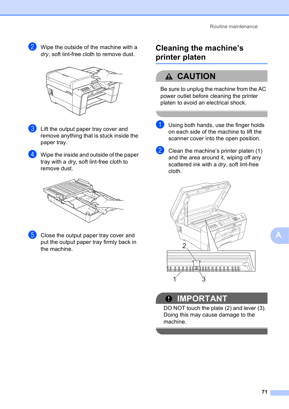 Cleaning the machine’s printer platen, Caution, Important | Brother MFC J6910DW User Manual | Page 77 / 91