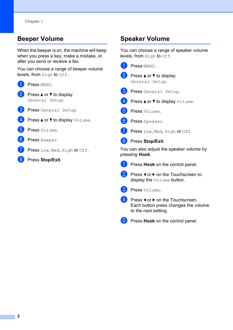 Beeper volume, Speaker volume, Beeper volume speaker volume | Brother MFC J6910DW User Manual | Page 8 / 91