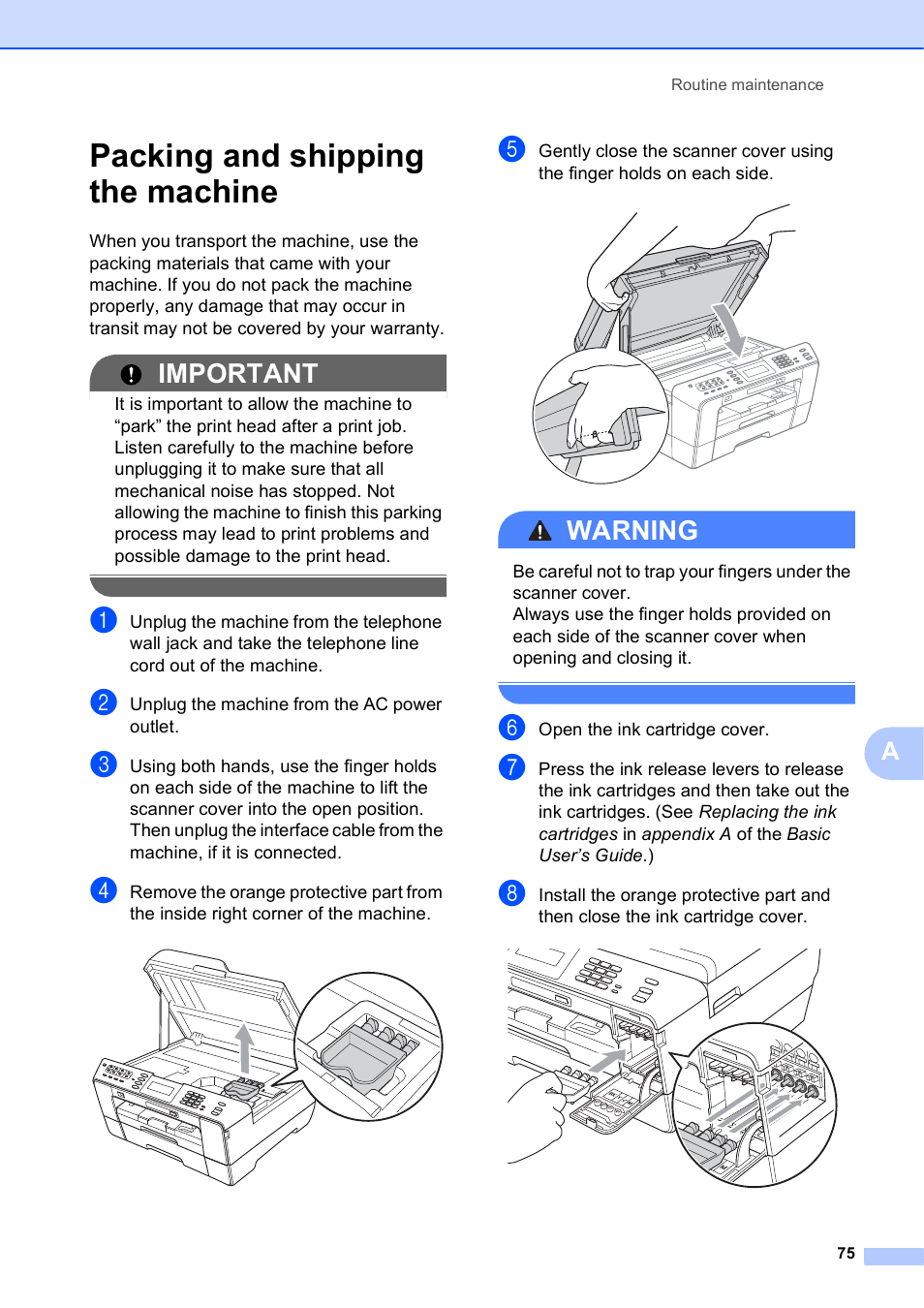 Packing and shipping the machine, Important, Warning | Brother MFC J6910DW User Manual | Page 81 / 91