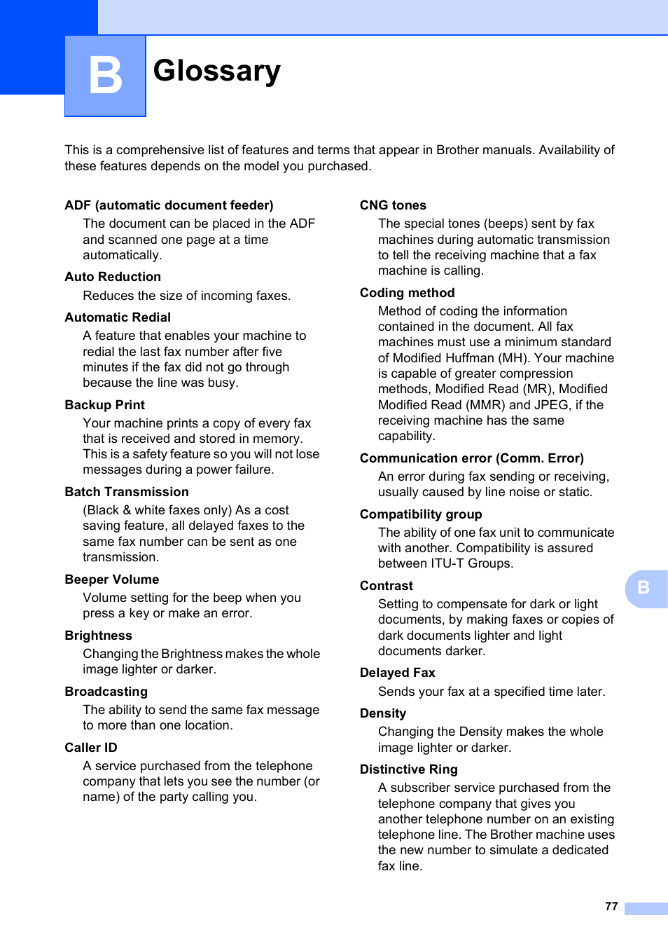 B glossary, Glossary | Brother MFC J6910DW User Manual | Page 83 / 91