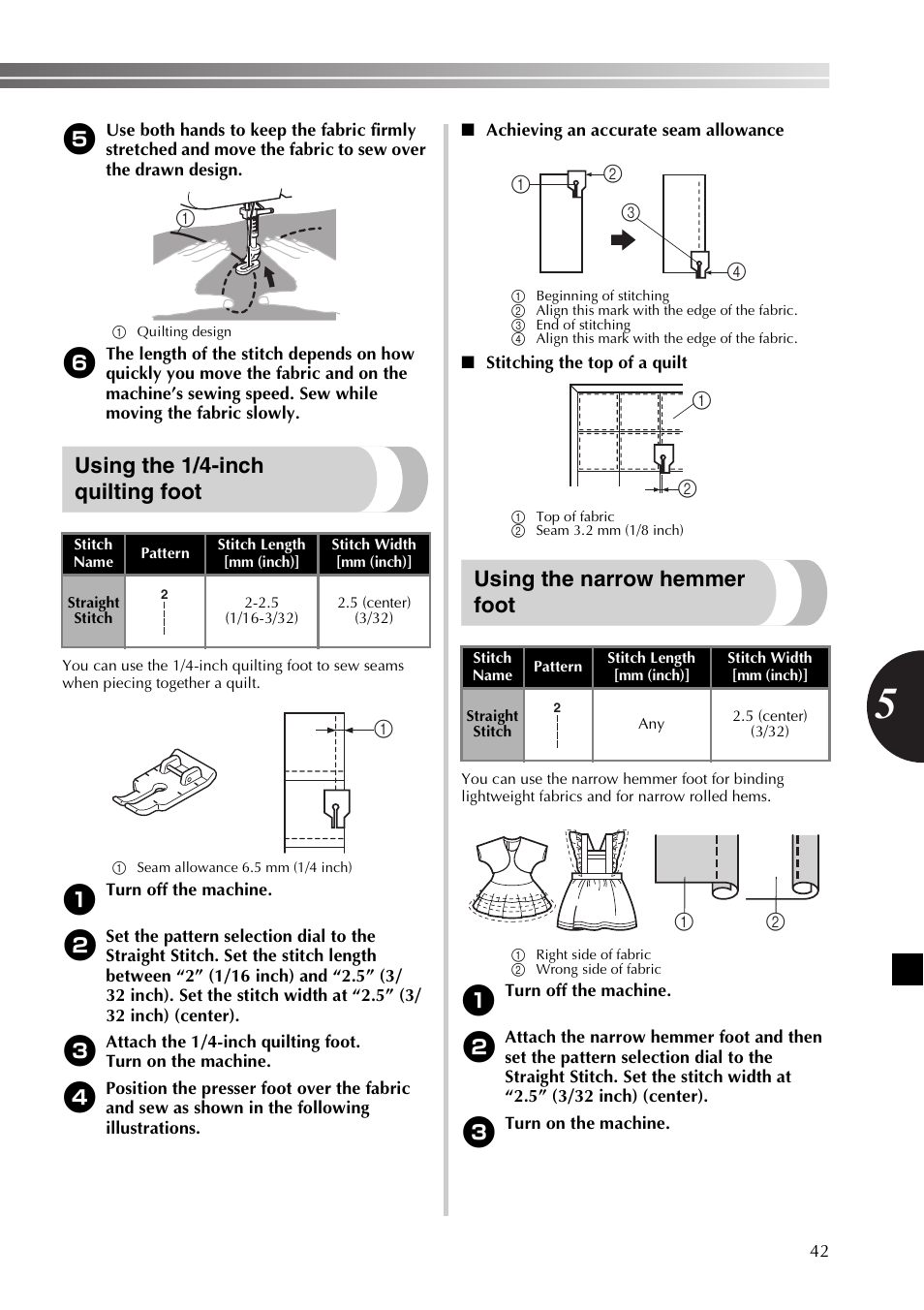 Using the 1/4-inch quilting foot, Using the narrow hemmer foot | Brother BB370 User Manual | Page 43 / 104
