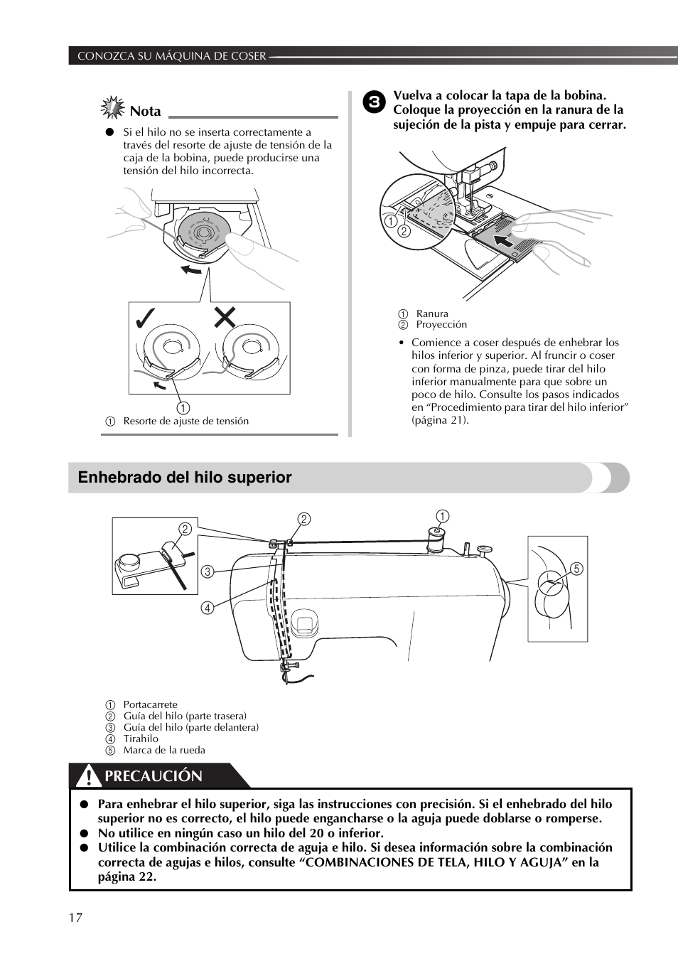 Enhebrado del hilo superior, Precaución, Nota | Brother BB370 User Manual | Page 68 / 104
