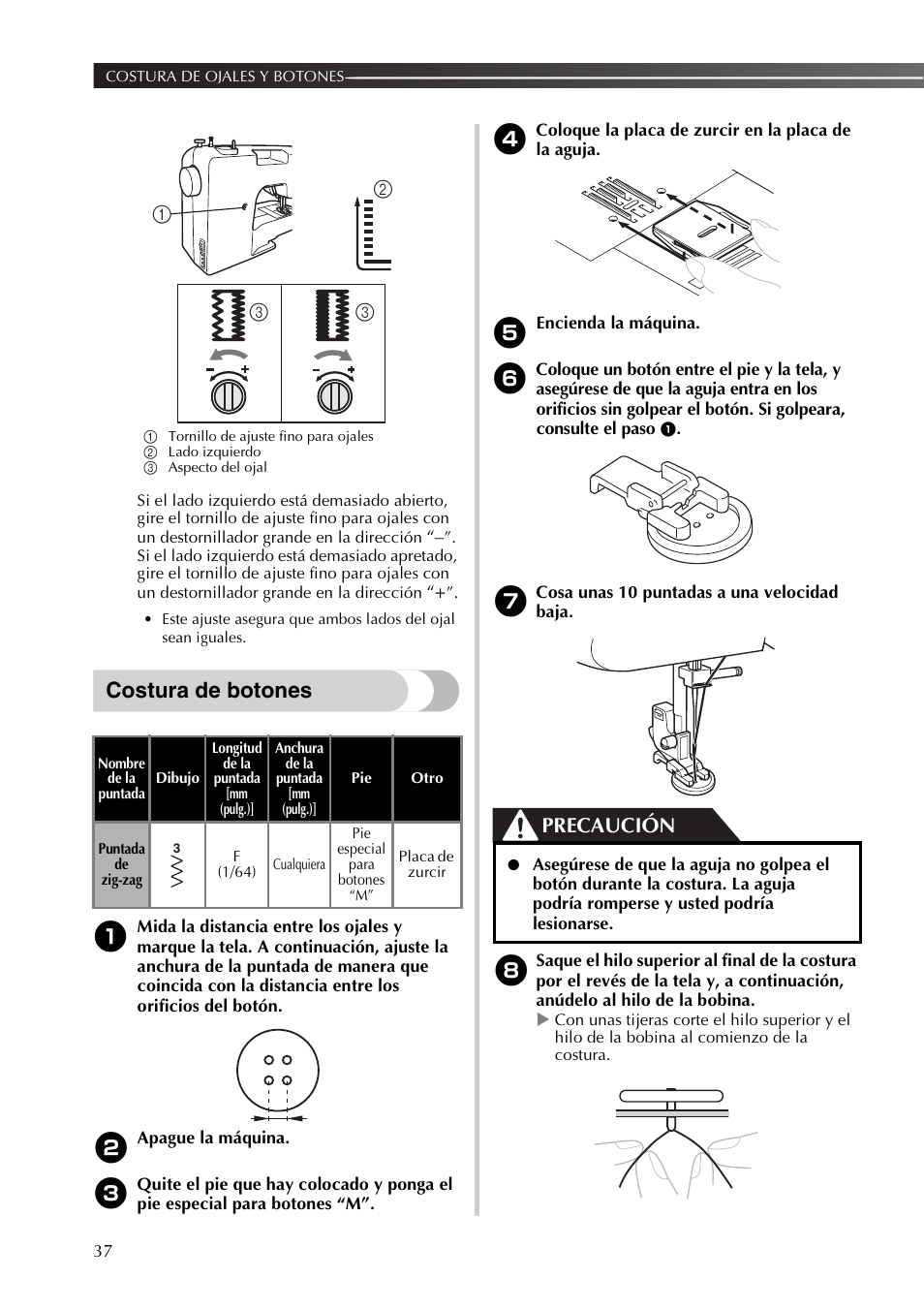 Costura de botones, Precaución | Brother BB370 User Manual | Page 88 / 104