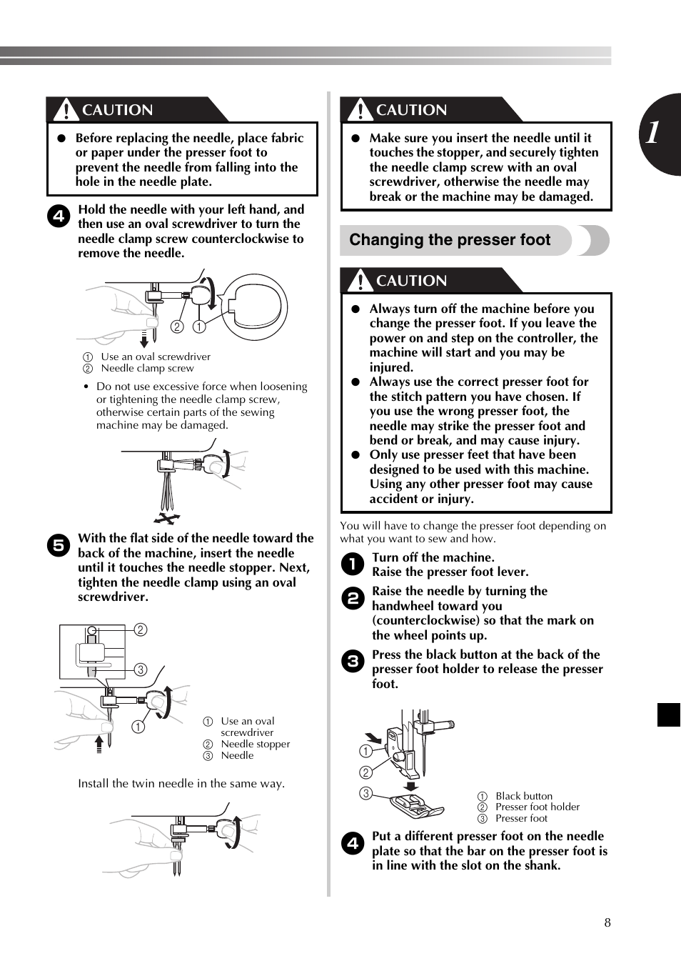 Changing the presser foot, Caution | Brother BB370 User Manual | Page 9 / 104