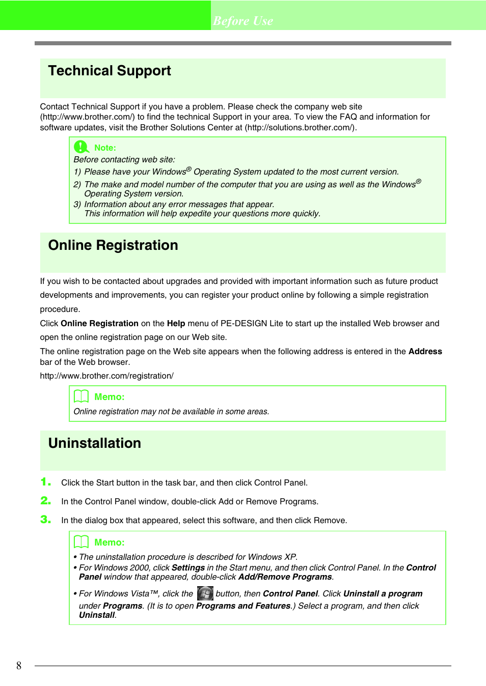 Technical support, Online registration, Uninstallation | Before use | Brother PE-DESIGN Lite User Manual | Page 12 / 72