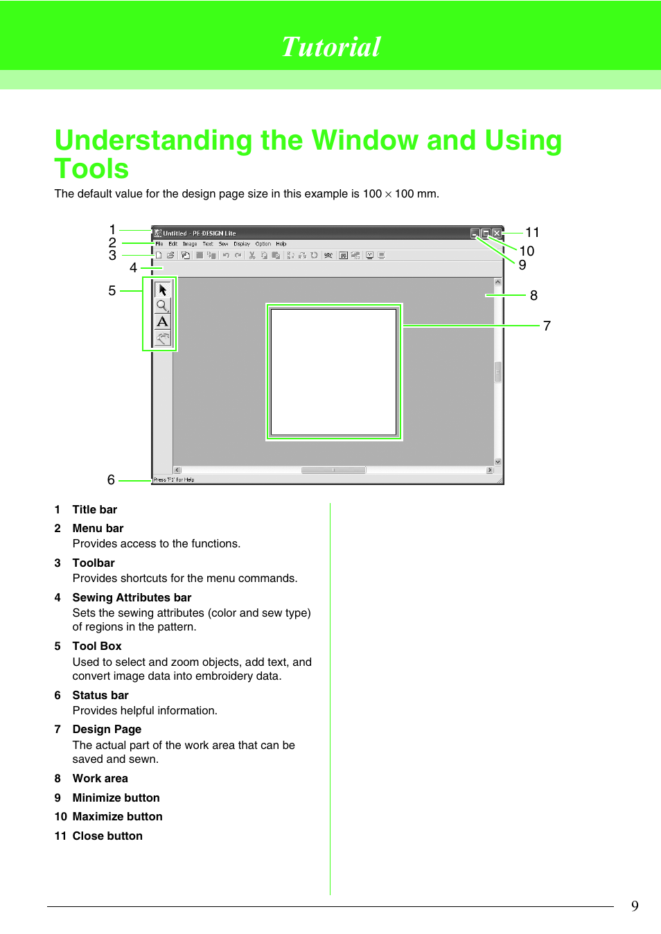 Tutorial, Understanding the window and using tools | Brother PE-DESIGN Lite User Manual | Page 13 / 72