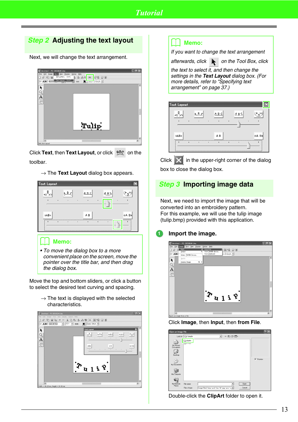 Tutorial, Step 2 adjusting the text layout, Step 3 importing image data | Brother PE-DESIGN Lite User Manual | Page 17 / 72