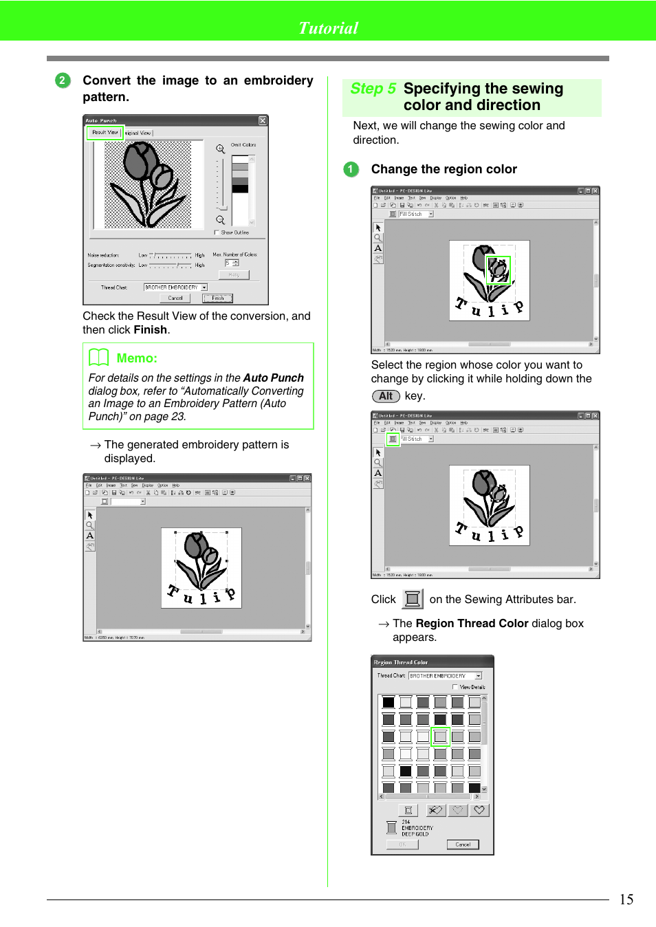 Tutorial, Step 5 specifying the sewing color and direction | Brother PE-DESIGN Lite User Manual | Page 19 / 72