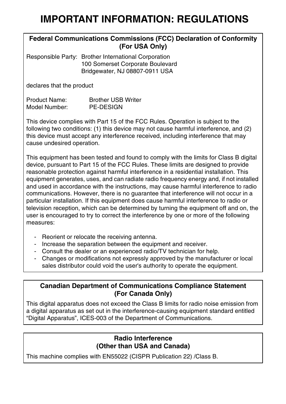 Important information: regulations | Brother PE-DESIGN Lite User Manual | Page 2 / 72