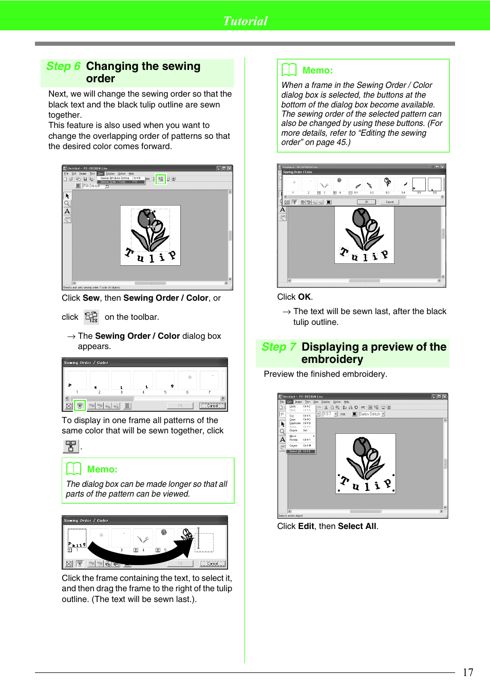Tutorial, Step 6 changing the sewing order, Step 7 displaying a preview of the embroidery | Brother PE-DESIGN Lite User Manual | Page 21 / 72