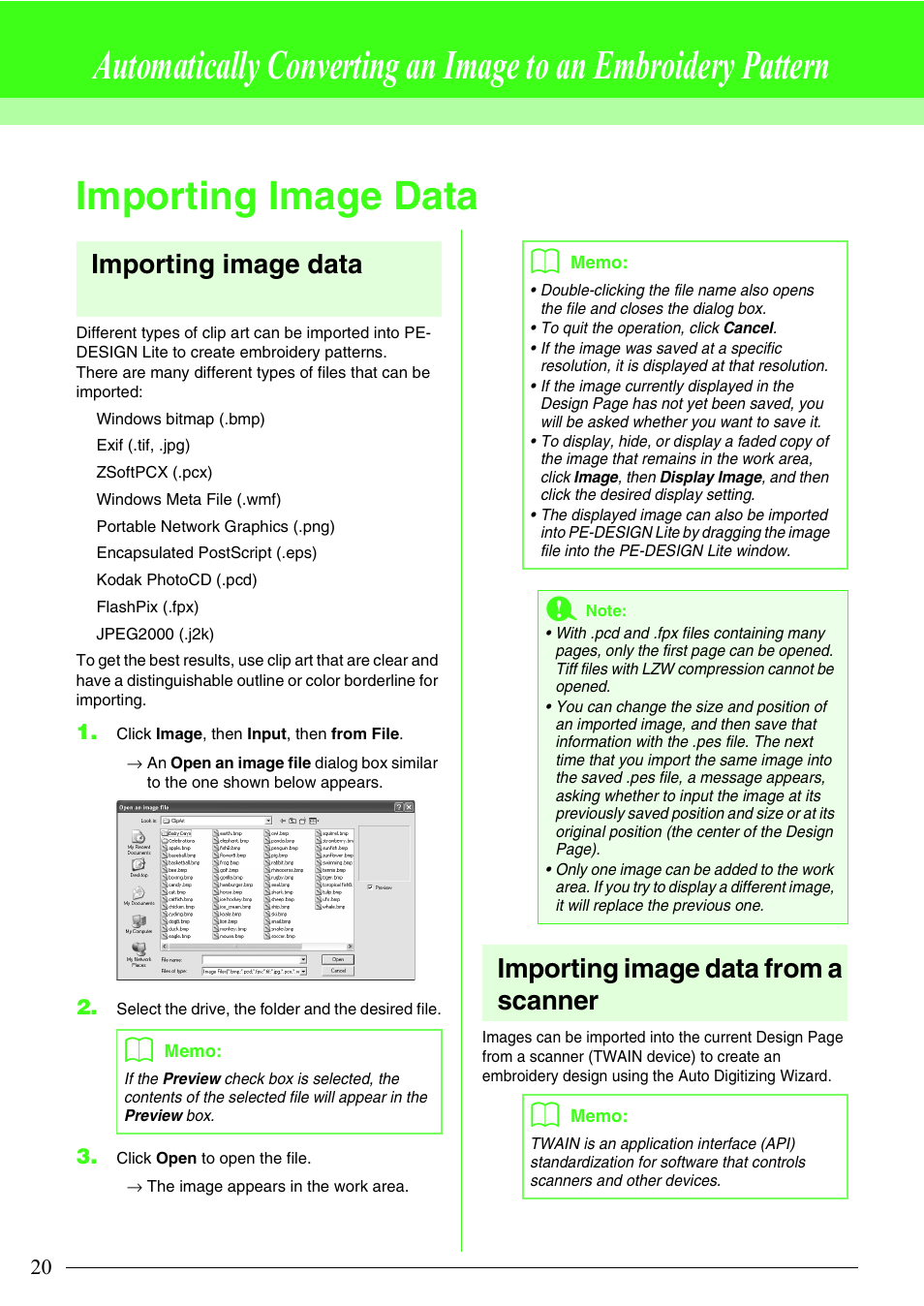 Importing image data, Importing image data from a scanner | Brother PE-DESIGN Lite User Manual | Page 24 / 72