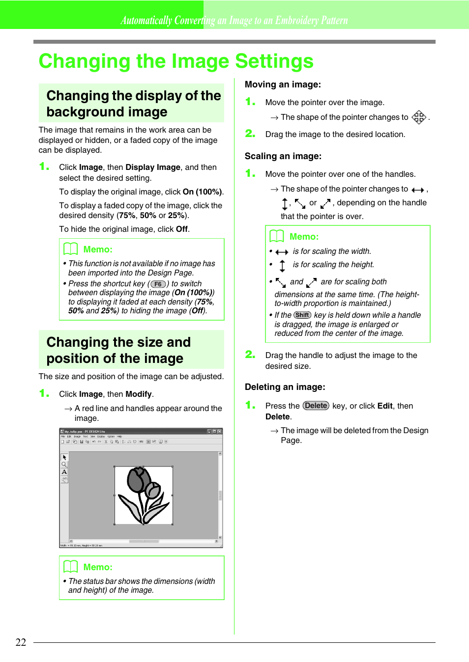 Changing the image settings, Changing the display of the background image, Changing the size and position of the image | Brother PE-DESIGN Lite User Manual | Page 26 / 72