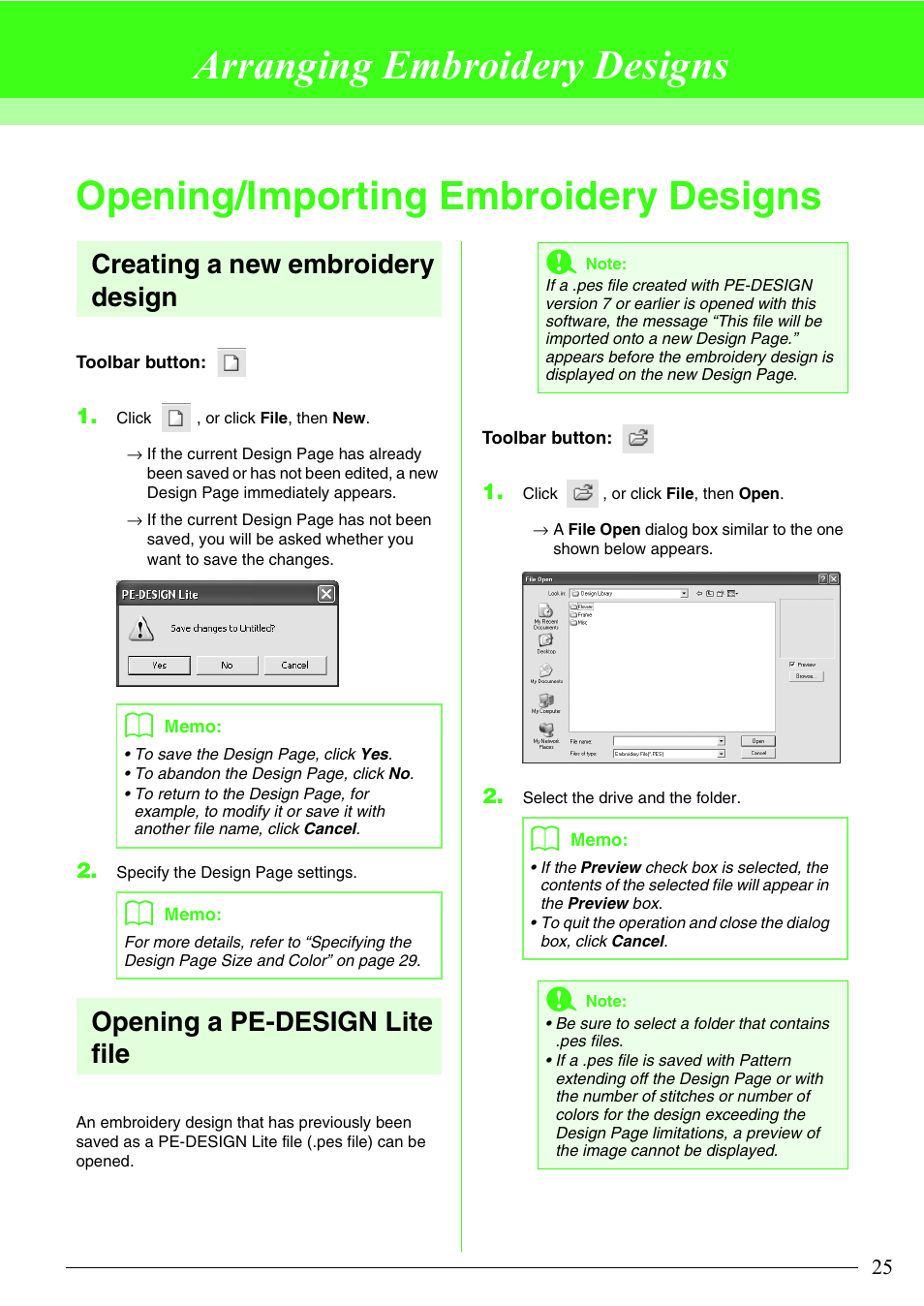 Arranging embroidery designs, Opening/importing embroidery designs, Creating a new embroidery design | Opening a pe-design lite file | Brother PE-DESIGN Lite User Manual | Page 29 / 72