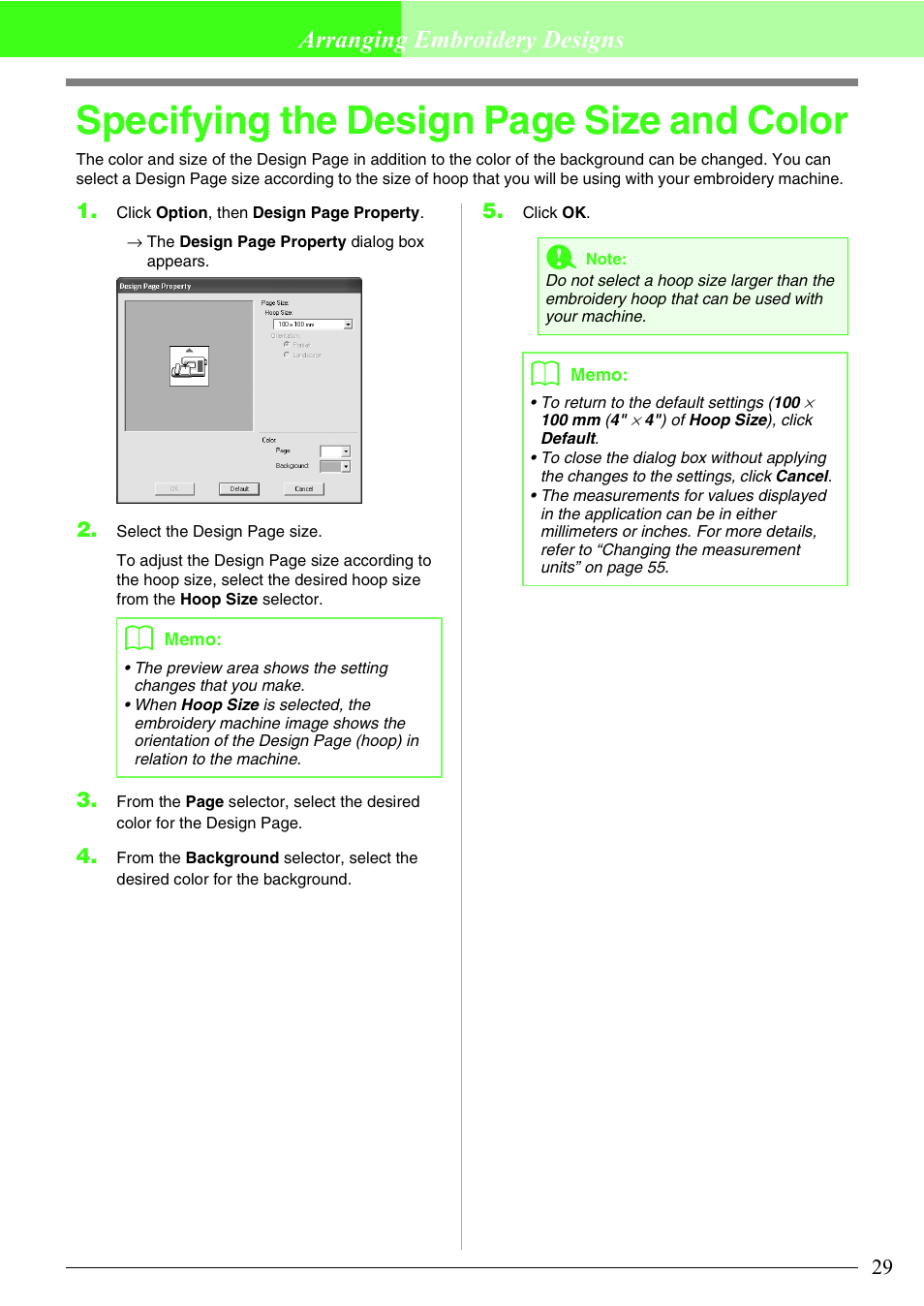 Specifying the design page size and color, Arranging embroidery designs | Brother PE-DESIGN Lite User Manual | Page 33 / 72