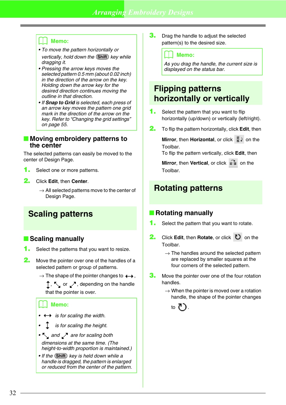 Scaling patterns, Flipping patterns horizontally or vertically, Rotating patterns | Arranging embroidery designs, Moving embroidery patterns to the center, Scaling manually 1, Rotating manually 1 | Brother PE-DESIGN Lite User Manual | Page 36 / 72