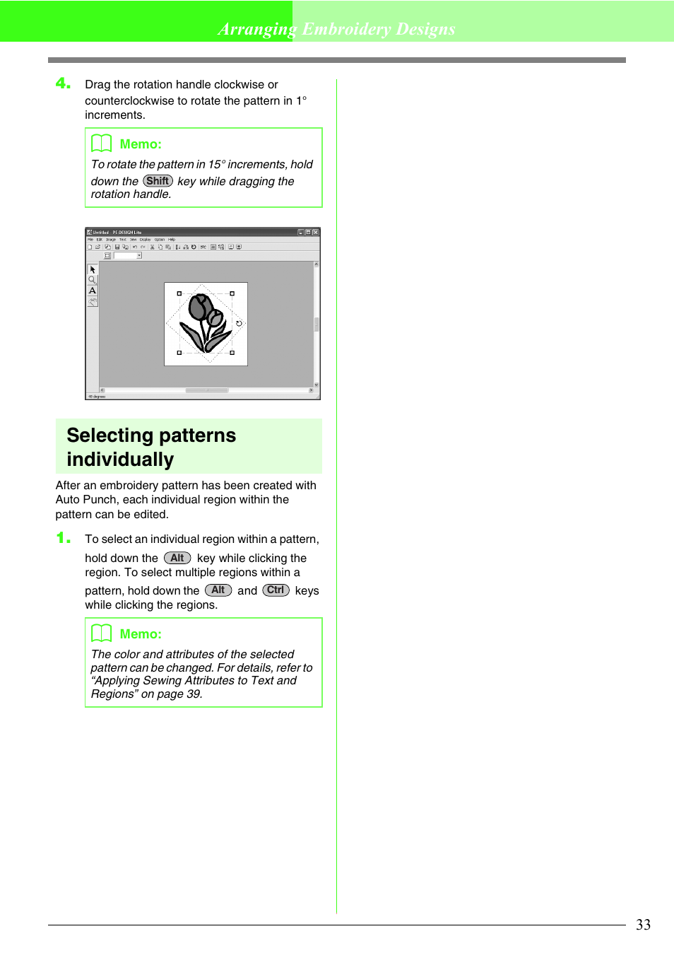 Selecting patterns individually, Arranging embroidery designs | Brother PE-DESIGN Lite User Manual | Page 37 / 72
