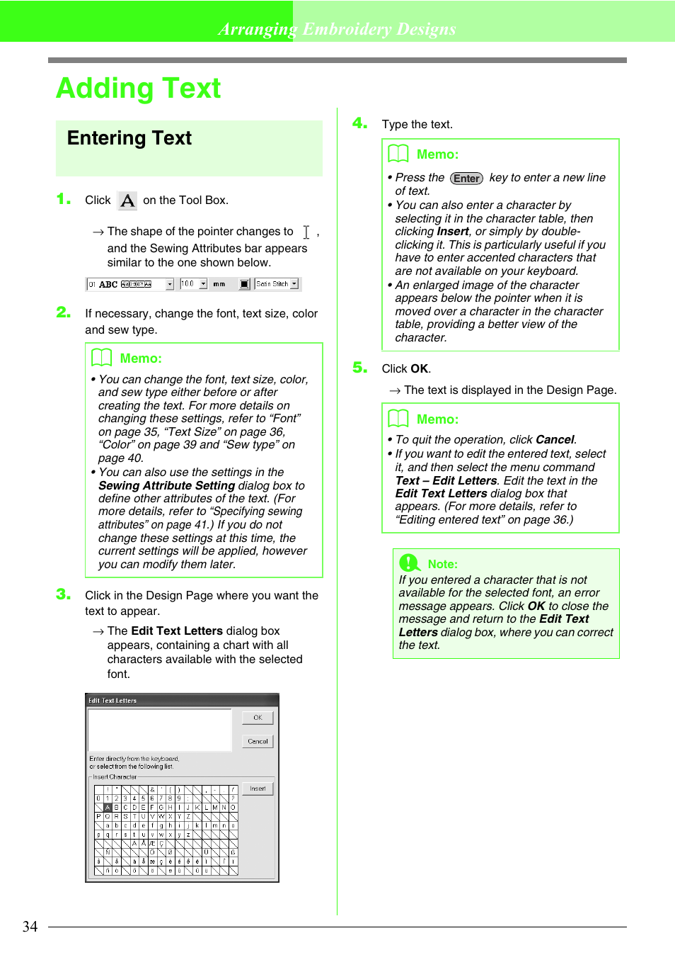 Adding text, Entering text, Arranging embroidery designs | Brother PE-DESIGN Lite User Manual | Page 38 / 72