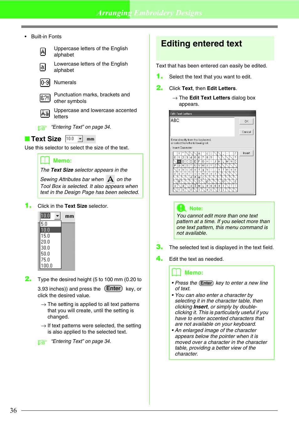 Editing entered text, Arranging embroidery designs, Text size | Brother PE-DESIGN Lite User Manual | Page 40 / 72