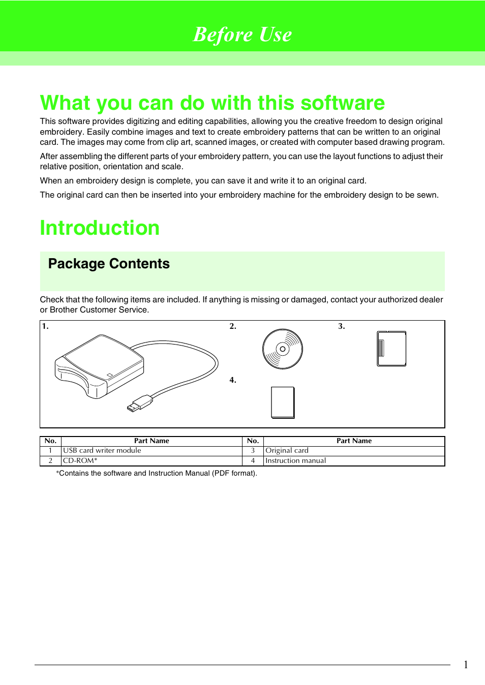 Before use, What you can do with this software, Introduction | Package contents | Brother PE-DESIGN Lite User Manual | Page 5 / 72