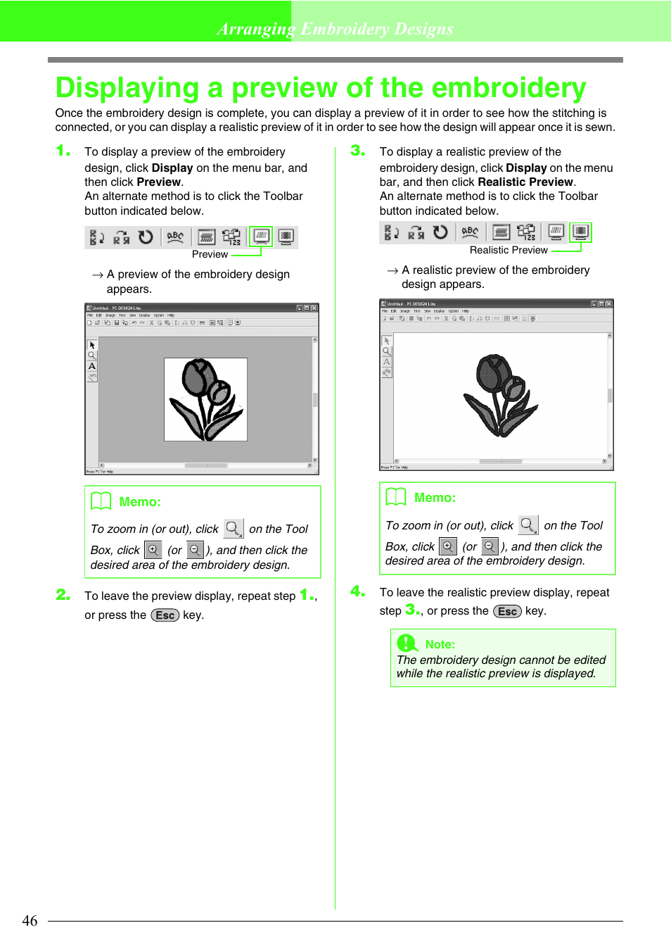 Displaying a preview of the embroidery, Arranging embroidery designs | Brother PE-DESIGN Lite User Manual | Page 50 / 72