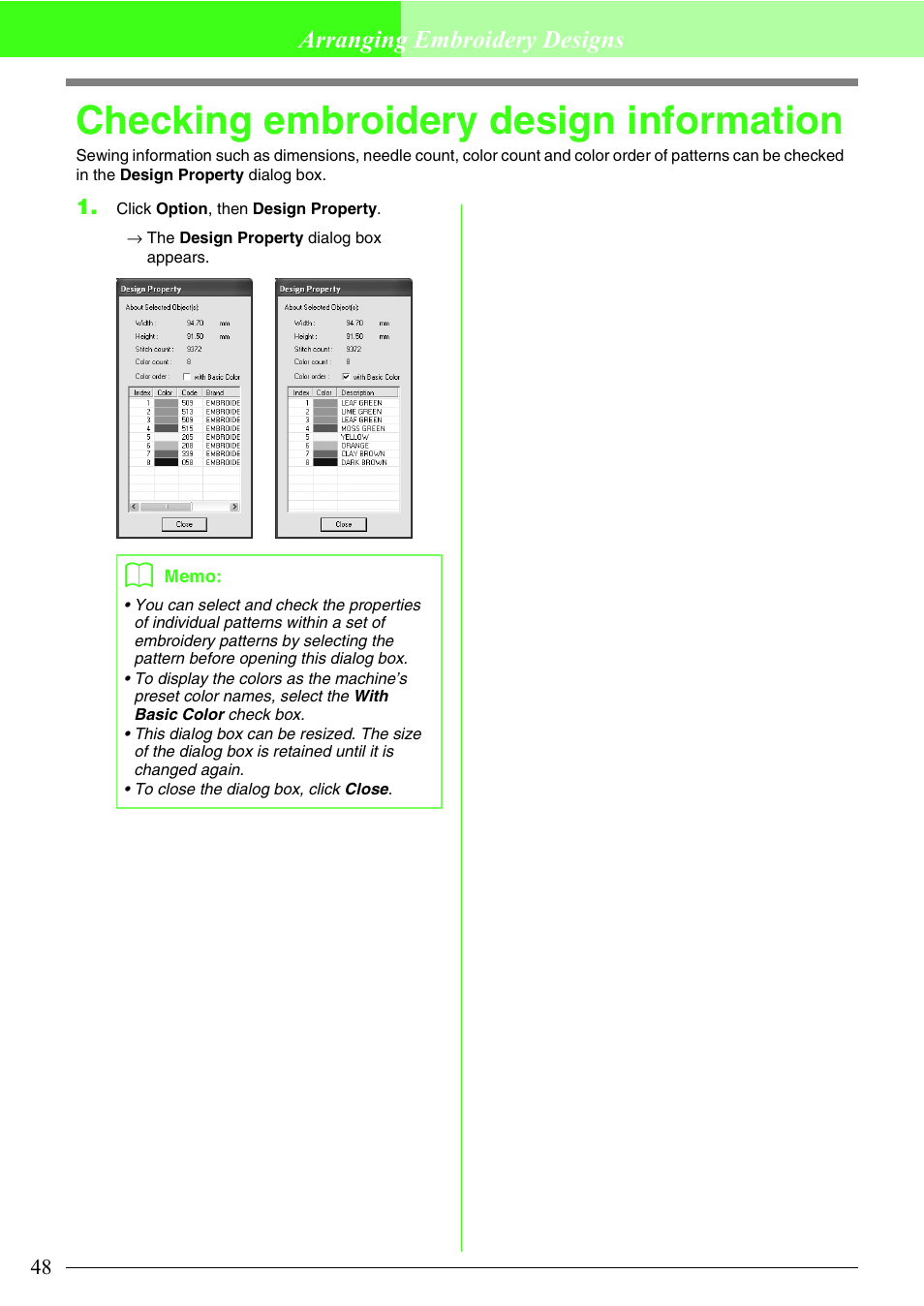 Checking embroidery design information, Arranging embroidery designs | Brother PE-DESIGN Lite User Manual | Page 52 / 72