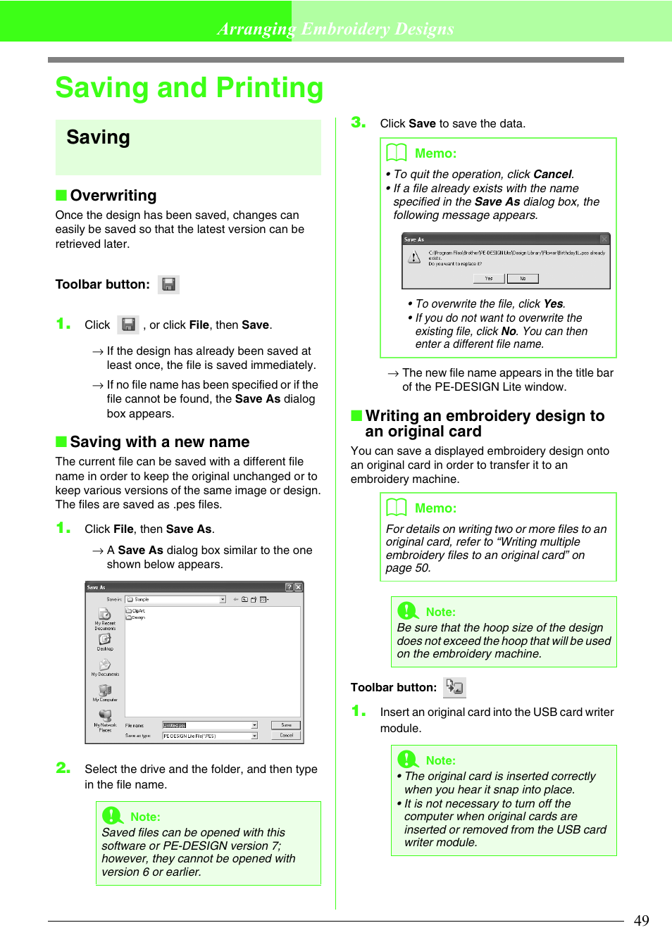 Saving and printing, Saving, Arranging embroidery designs | Brother PE-DESIGN Lite User Manual | Page 53 / 72