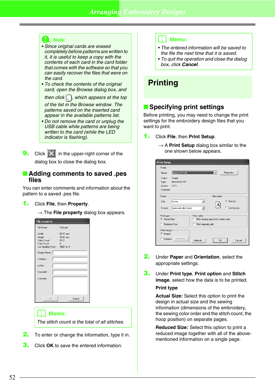 Printing, Arranging embroidery designs, Adding comments to saved .pes files | Specifying print settings | Brother PE-DESIGN Lite User Manual | Page 56 / 72