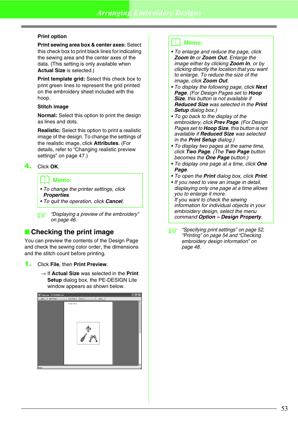 Arranging embroidery designs, Checking the print image | Brother PE-DESIGN Lite User Manual | Page 57 / 72