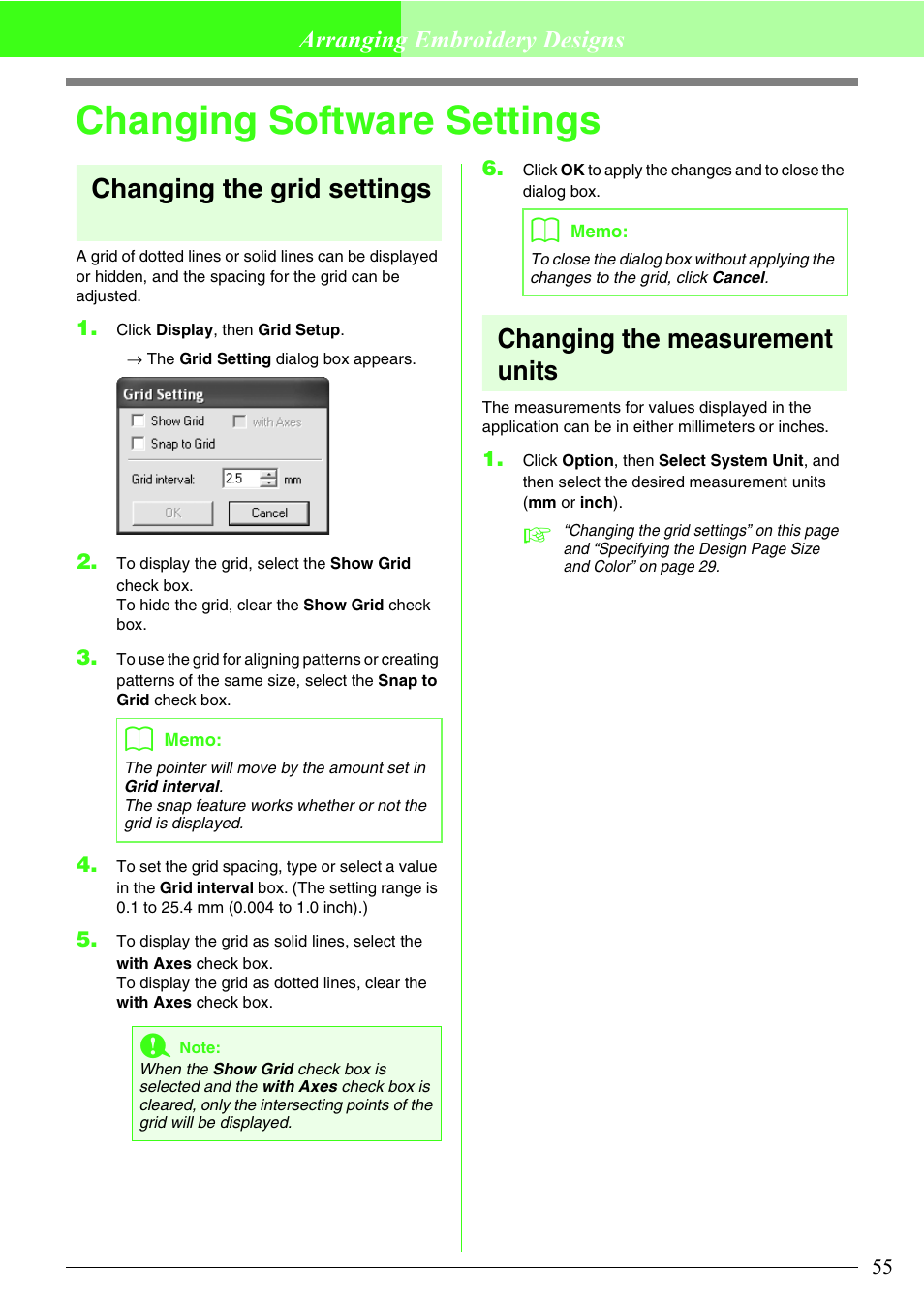 Changing software settings, Changing the grid settings, Changing the measurement units | Arranging embroidery designs | Brother PE-DESIGN Lite User Manual | Page 59 / 72