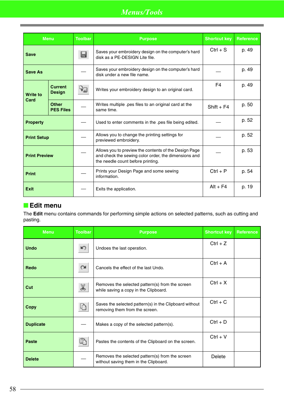 Menus/tools, Edit menu | Brother PE-DESIGN Lite User Manual | Page 62 / 72