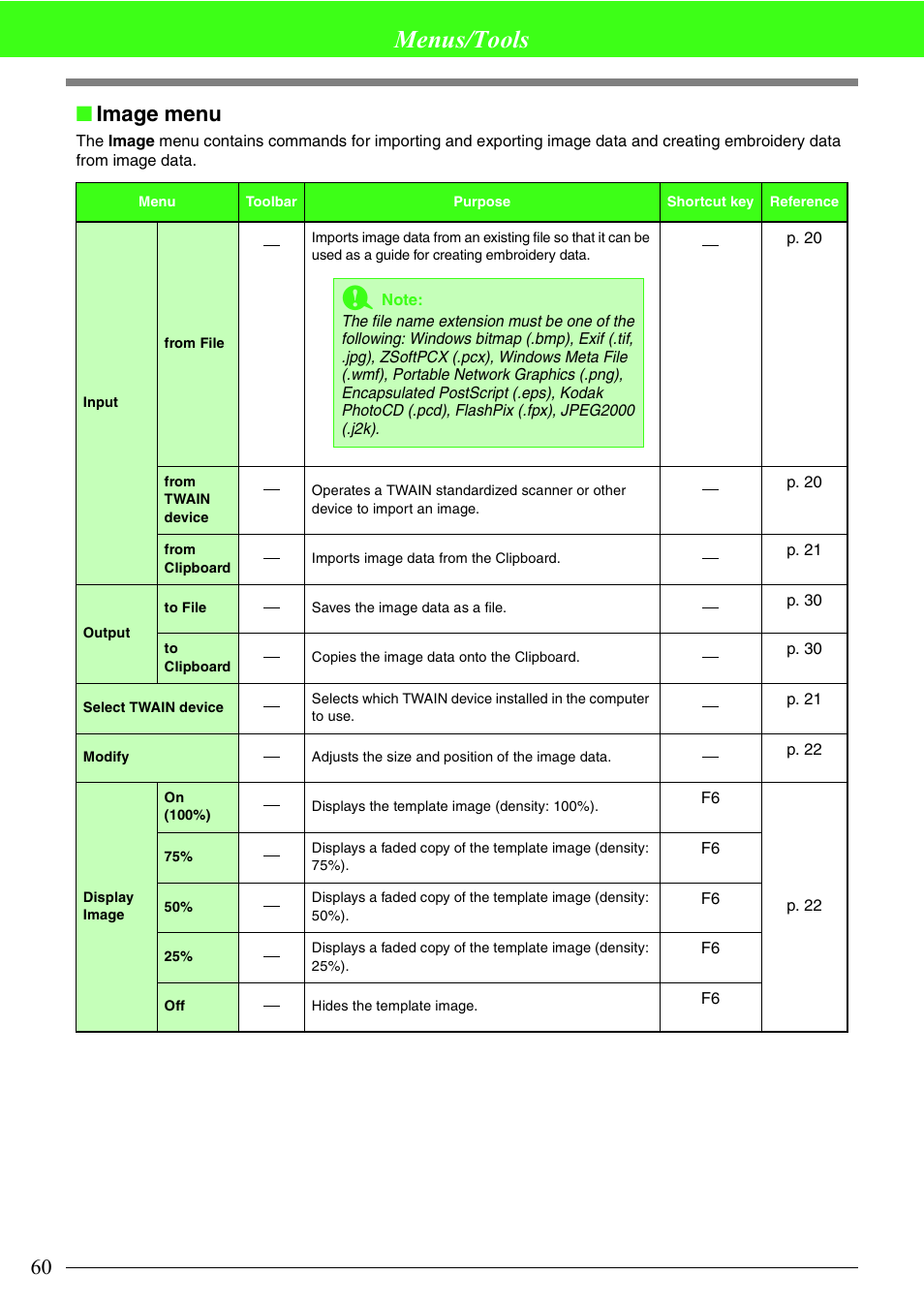 Menus/tools, Image menu | Brother PE-DESIGN Lite User Manual | Page 64 / 72