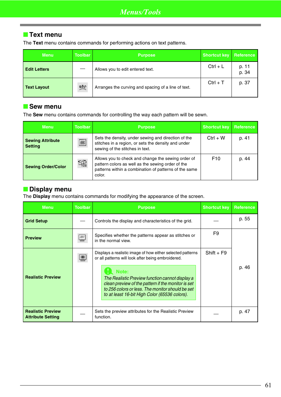 Menus/tools, Text menu, Sew menu | Display menu | Brother PE-DESIGN Lite User Manual | Page 65 / 72
