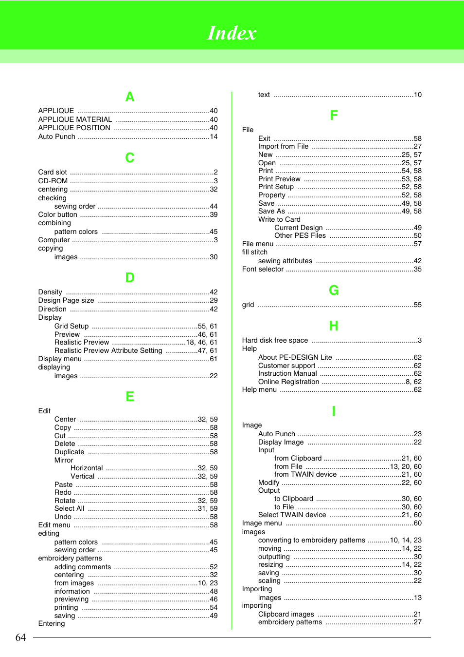 Index | Brother PE-DESIGN Lite User Manual | Page 68 / 72