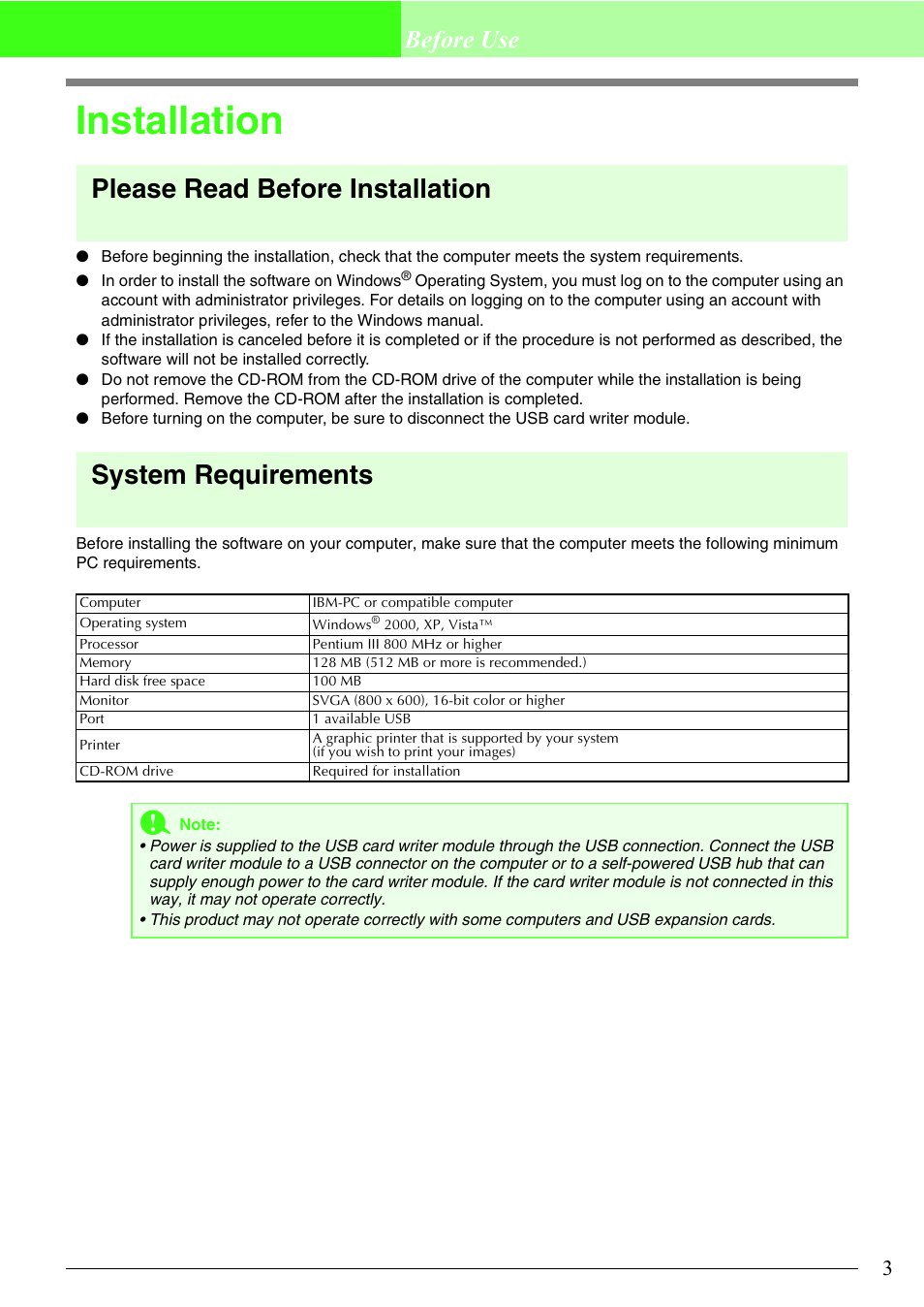 Installation, Please read before installation, System requirements | Before use | Brother PE-DESIGN Lite User Manual | Page 7 / 72
