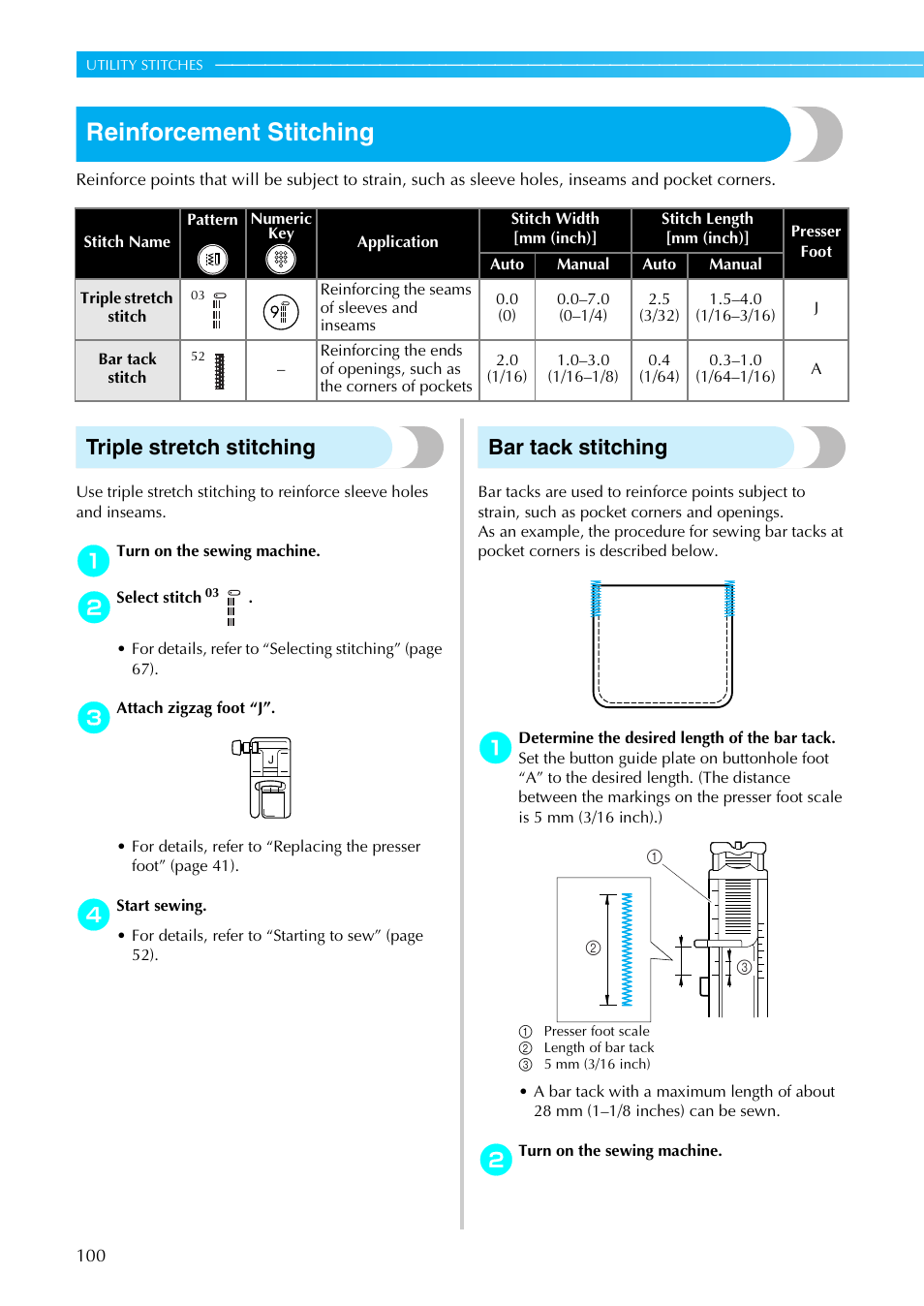 Reinforcement stitching, Triple stretch stitching, Bar tack stitching | Brother Innov-i User Manual | Page 102 / 152