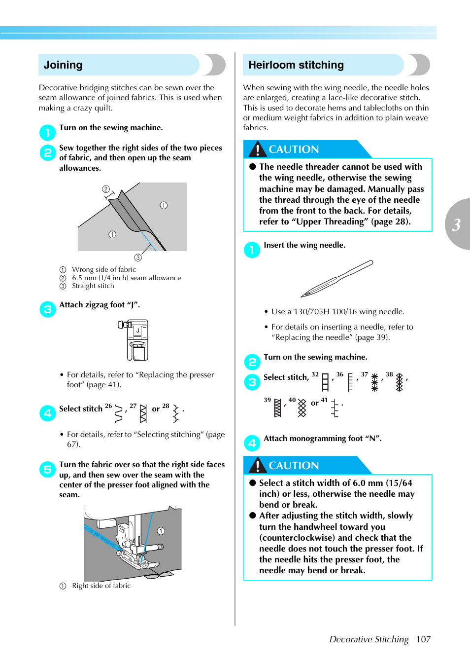 Joining, Heirloom stitching, Caution | Brother Innov-i User Manual | Page 109 / 152
