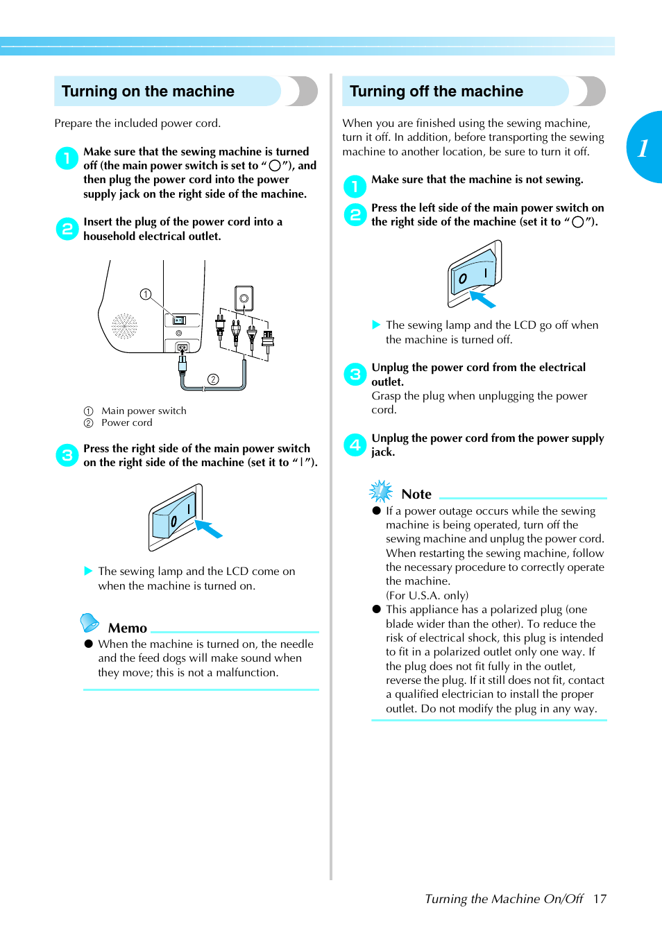 Turning on the machine, Turning off the machine | Brother Innov-i User Manual | Page 19 / 152