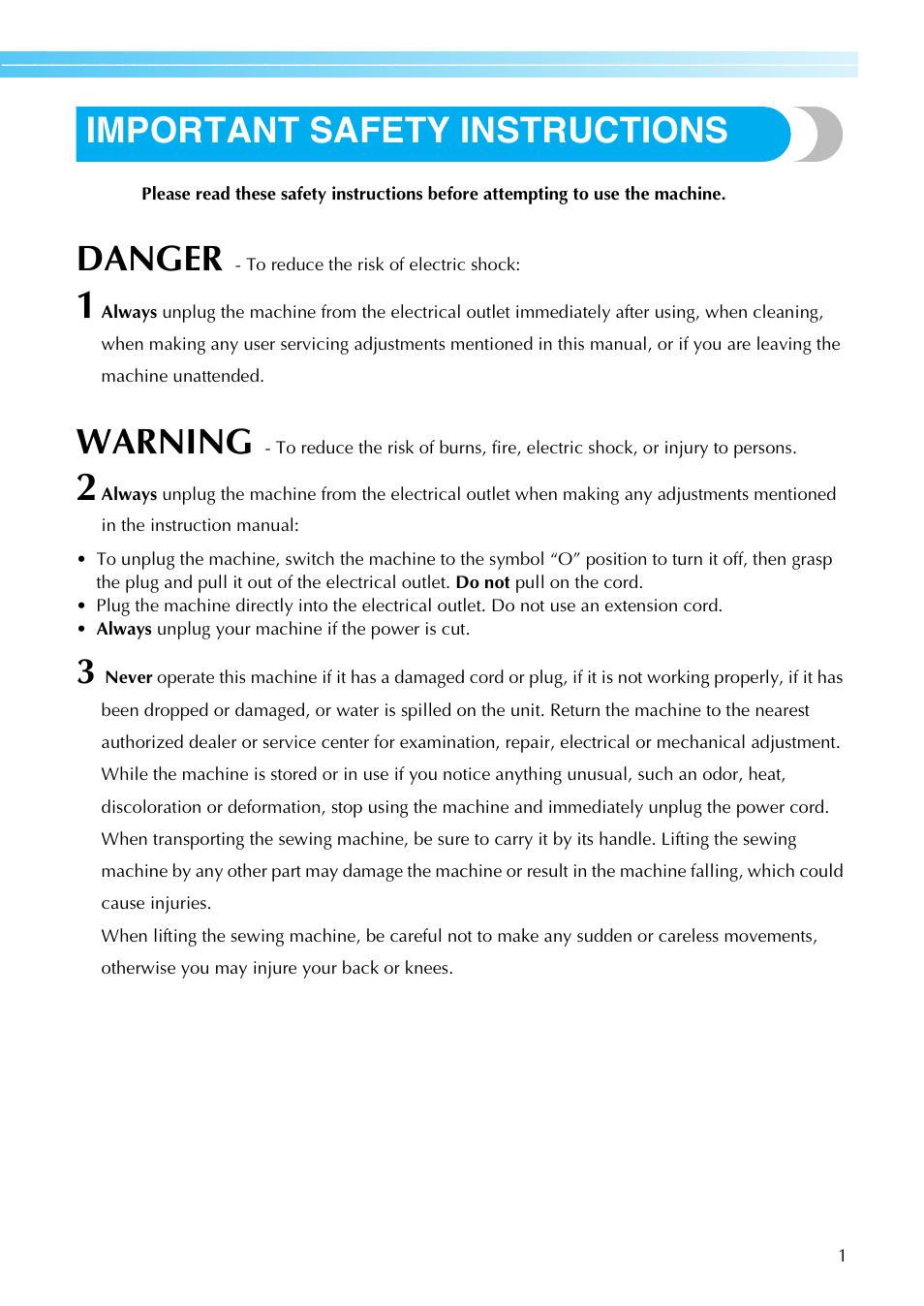 Important safety instructions, Danger, Warning | Brother Innov-i User Manual | Page 3 / 152